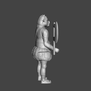 May include: A gray, 3D printed figurine of a warrior with a large axe. The warrior is wearing armor and a skirt. The figurine is standing on a gray background.
