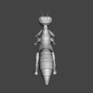 May include: A 3D printed model of a gray insect with segmented body parts and long legs. The insect is posed in a standing position with its head facing forward.
