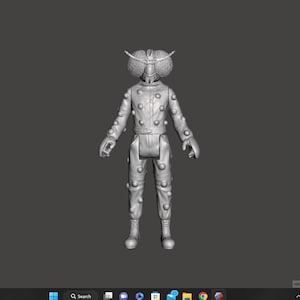 May include: A gray, 3D printed action figure of a bug-eyed creature wearing a white, polka-dotted jumpsuit. The figure has large, rounded ears and a pair of antennae.