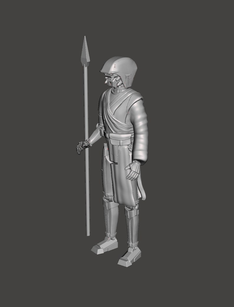 K&ouml;nnte beinhalten: Ein 3D-gedrucktes Modell einer Figur in Grau, die einen Helm tr&auml;gt und eine Lanze h&auml;lt. Die Figur tr&auml;gt eine lange Robe und hat ein detailliertes Design.