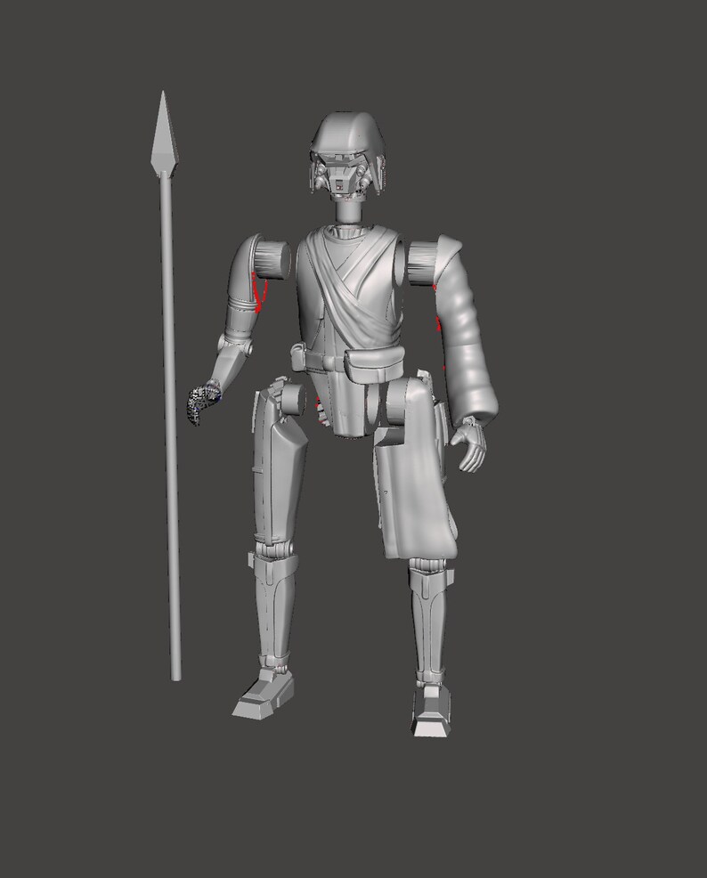K&ouml;nnte beinhalten: Eine graue, artikulierte Actionfigur eines Kriegers, der eine Lanze h&auml;lt. Die Figur tr&auml;gt einen Helm, eine R&uuml;stung und eine lange Robe.