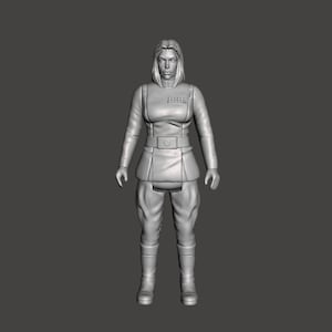 May include: A gray 3D printed figurine of a female character wearing a long-sleeved uniform with a belt and boots. The uniform has a series of buttons and a patch that reads "Imperial Officer".