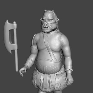 May include: A gray, detailed, 3D printed figurine of a pig-like creature holding a large axe. The creature has a horned head, a large snout, and is wearing armor and a skirt.
