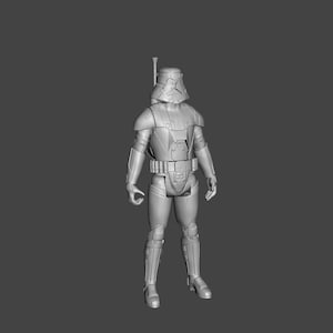May include: A grey action figure of a character in a helmet and armour. The figure has a cylindrical antenna on the helmet and a utility belt. The figure is standing with its hands at its sides.
