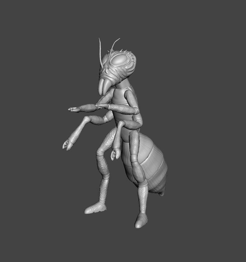May include: A 3D printed model of a gray ant with a detailed head and segmented body. The ant is standing on all six legs with its front legs raised.