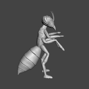 May include: A 3D printed model of a stylized insect with a segmented body and long legs. The insect is posed in a standing position with its legs extended.