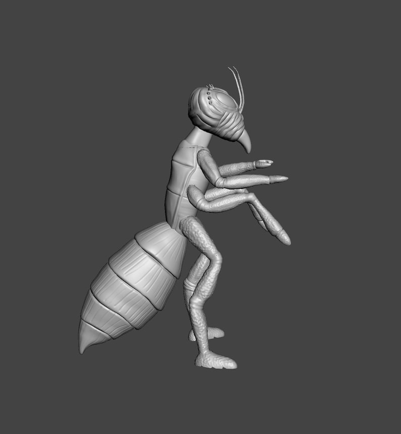 May include: A 3D printed model of a stylized insect with a segmented body and long legs. The insect is posed in a standing position with its legs extended.