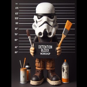 May include: A Stormtrooper figurine holding a sign that reads "DETENTION BLOCK WORKSHOP". The figure wears brown boots and trousers, and holds a paintbrush and a paint brush. Two spray paint cans and a paint can are at the figure's feet.