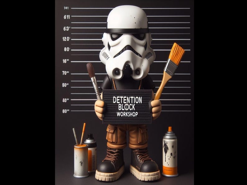 May include: A Stormtrooper figurine holding a sign that reads "DETENTION BLOCK WORKSHOP". The figure wears brown boots and trousers, and holds a paintbrush and a paint brush. Two spray paint cans and a paint can are at the figure's feet.