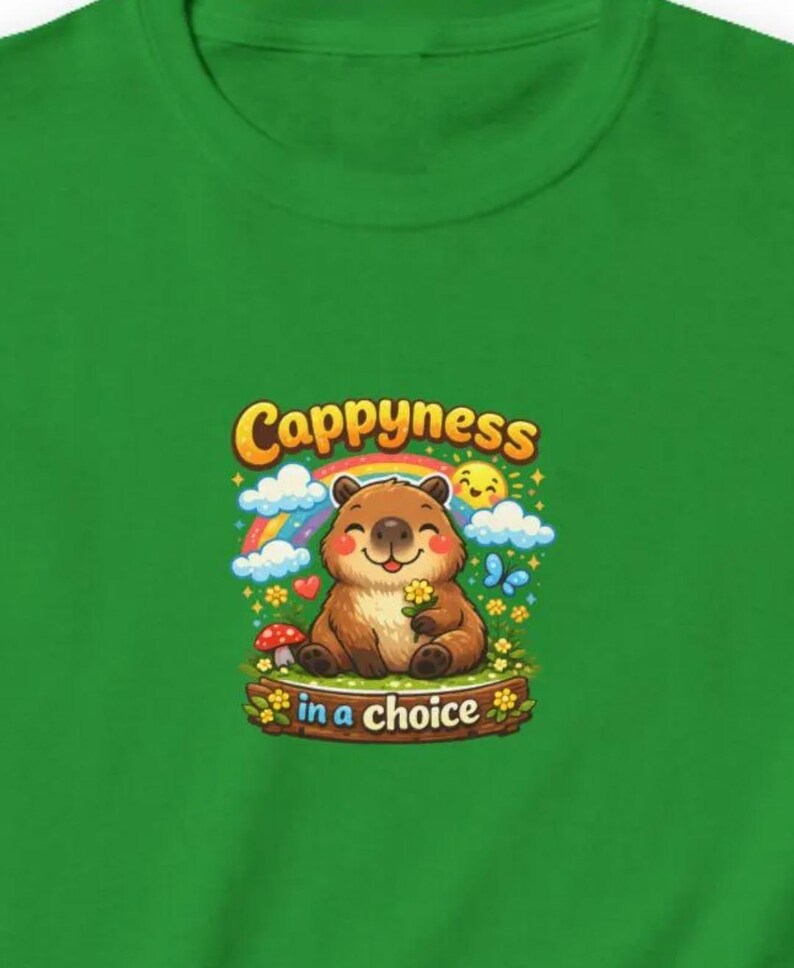 K&ouml;nnte beinhalten: Gr&uuml;nes Sweatshirt mit einem Cartoon-B&auml;ren, der eine Blume h&auml;lt, mit dem Text "Cappyness in a choice". Das Design umfasst einen Regenbogen, eine Sonne, Wolken und Blumen, was eine fr&ouml;hliche und skurrile &Auml;sthetik schafft.