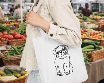 Pug Line Art Canvas Tote Bag: Reusable Shopping Bag