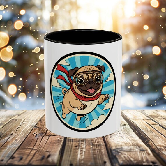 Fliegen Super Mops Becher | Bunt Bedruckte Kaffeetasse
