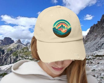 Cap, Retro Sunset in Mountains, Vintage Distressed Hat, Outdoor Adventure Baseball Cap, Unisex Hiking Headwear