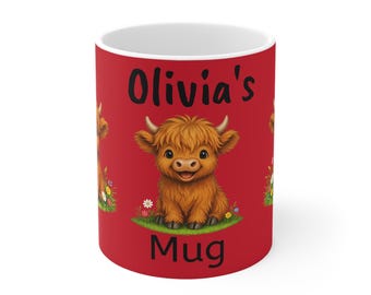 Mok met naam Highland Cow, 11 oz keramische gepersonaliseerde koffiemok