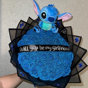 Stitch Bouquet blau Glitzer  - Einzigartige Geschenkidee/Haltbar Handgefertigter Blumenstrauß blauen Rosen BESTSELLER