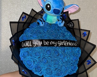 Stitch Bouquet blau Glitzer  - Einzigartige Geschenkidee/Haltbar Handgefertigter Blumenstrauß blauen Rosen BESTSELLER