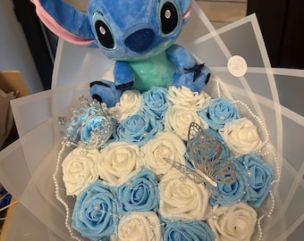 Stitch Bouquet blau weiß Glitzer  - Einzigartige Geschenkidee/Haltbar Handgefertigter Blumenstrauß blauen Rosen BESTSELLER