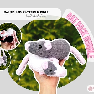 May include: A handmade crochet rat bundle in gray, white, and pink. The image includes a close-up of two rats, a circular image of a rat puppet, and a set of rat-shaped ornaments. Text reads "5in1 NO-SEW PATTERN BUNDLE" and "RAT PACK BUNDLE".