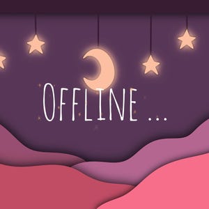 Könnte beinhalten: Ein violetter und rosa Hintergrund mit einem Halbmond und Sternen, die von oben hängen. Der Text "OFFLINE..." ist in Weiß in der Mitte des Bildes geschrieben.