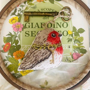 Secret Garden Robin Cross Stitch Pattern PDF | Keychain Embroidery | Personalized Name Tag | Small Cross Stitch Gift