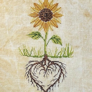 Sunflower cross stitch pattern pdf |Rooted heart | Heart roots embroidery | symbolic floral design | hope and growth stitch