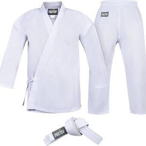 May include: A white martial arts uniform set, comprising a jacket, trousers, and a white belt. The jacket features a wrap-around design with a tie closure. The trousers are loose-fitting. The belt is knotted. The brand name "POZ EV" is visible on the jacket, trousers, and belt.