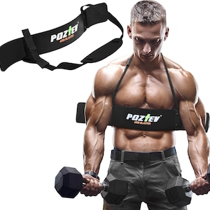 May include: Black "Poztev Arm Blaster" weightlifting arm support. The arm blaster has a curved metal plate with a padded strap for the neck and arm support. The product is designed to isolate the biceps and triceps during weightlifting exercises.