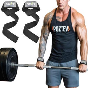 May include: Black weight lifting straps with the brand name "POZTEV" printed on them. The straps are designed to help with weightlifting exercises. The image also shows a person wearing a black tank top with the brand name "POZTEV" on it.