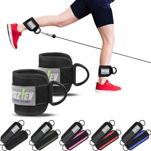 May include: Black ankle straps with the text "POZTEV Ankle Straps" and a reflective strip. The straps are shown in use with a cable machine, and there are several color variations.