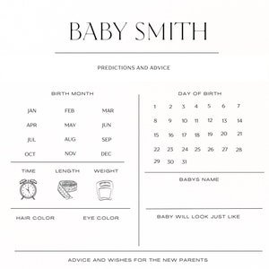 Modèle de carte personnalisé de prédictions et de conseils pour une baby shower minimaliste, prédictions de bébé classiques. Jeu de prédictions instantanées modifiable