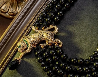 Luxury Black Beaded Leopard Necklace — Bold Statement Jewelry for Women