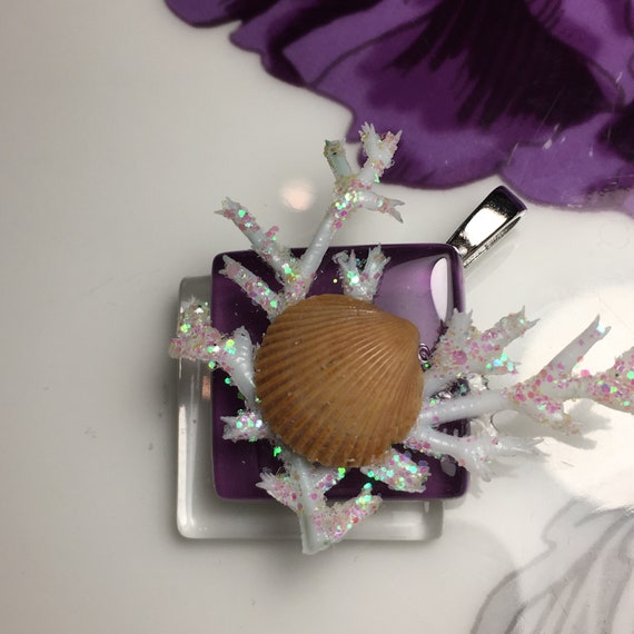 Purple Necklace Glass Tile Seashell Pendant Coral Choker S6