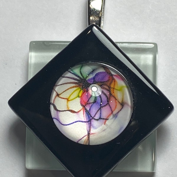 Rainbow Swirl Glass Tile Pendant Black Necklace White Choker SMK2