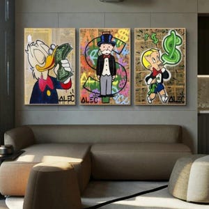 ポップアートマネーウォールアートアレックモノポリースタイルキャンバス、漫画の億万長者のドル記号グラフィティプリント