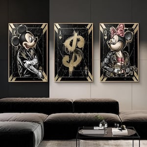 Gangster Mickey en Minnie canvas muurkunst set koning koningin dollar speelkaart stijl prints voor gedurfd urban pop decor en modern interieur