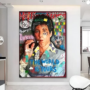 Tony Montana Pop Art with “The World Is Yours” Quote Scarface Rolling Stone Cover Graffiti Canvas for Bold Urban Home or Office Decor