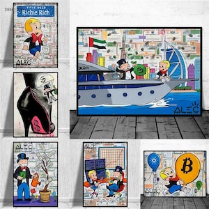 Alec Monopoly und Richie Cartoon Street Wandkunst Bilder Graffiti Leinwand Gemälde Reicher Mann Dollar für Wohndekor