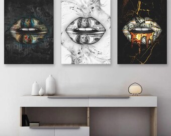 Lips Modern Art Painting Money Lips Graffiti Artwork For Living Room Home Office Decoration Poster Print On Canvas