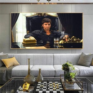 Scarface Tony Montana Sitting on Throne Canvas – Iconic Gangster Movie Wall Art for Bold Home Theater Game Room or Office Decor