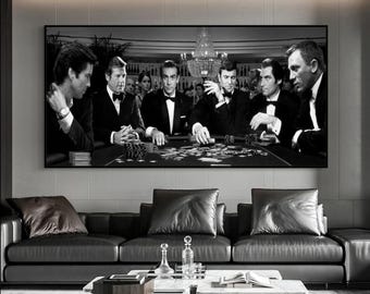ジェームズ・ボンド ヴィンテージ クラシック ポーカー テーブル キャンバス絵画 白黒 ウォールアート 映画写真 リビングルームの装飾用