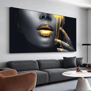Black And Gold Woman Lips Canvas Wall Art Modern Glam Makeup Portrait Poster Elegant Dripping Paint Print For Bedroom Decor