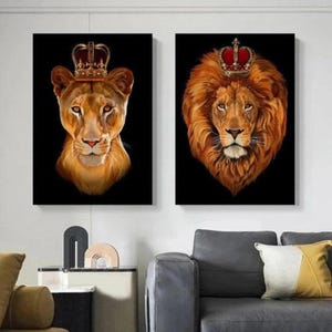 Royal Lion and Lioness Canvas Wall Art Set Crowned King and Queen Animal Portraits in Bold Black Background for Modern Home or Office Decor