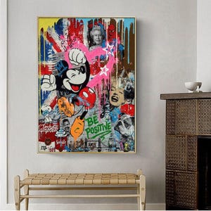 Mickey Mouse Be Positive Graffiti Leinwand Kunst Urban Pop Kultur Wanddruck mit Britischen Symbolen Marilyn Bulldogge Snoopy für ein modernes Dekor