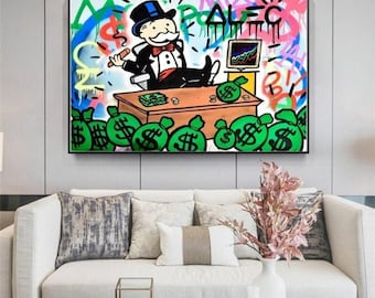 Rich Boss Graffiti Wall Art Monopoly Man Canvas Print Dollar Bag Street Style Pop Art Office Decor with Money Desk and Stock Chart Poster