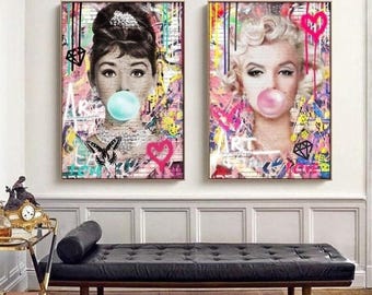 Marilyn Monroe Audrey Hepburn Graffiti Canvas Art Set Pop Street Style Bubble Gum Portrait Prints Iconic Hollywood Wall Decor