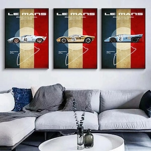 24 Stunden von Le Mans Rennwagen Leinwand Wandkunst Set mit Vintage Sportwagen und Rennstrecken-Design für Motorsport-Enthusiasten-Dekor