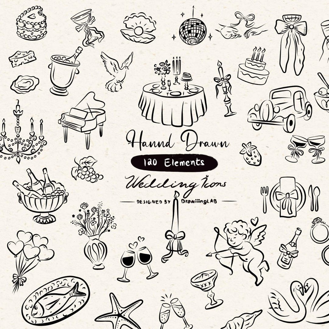 Whimsical Wedding SVG Clipart Bundle, Hand Drawn Icons, Floral Bouquets ...