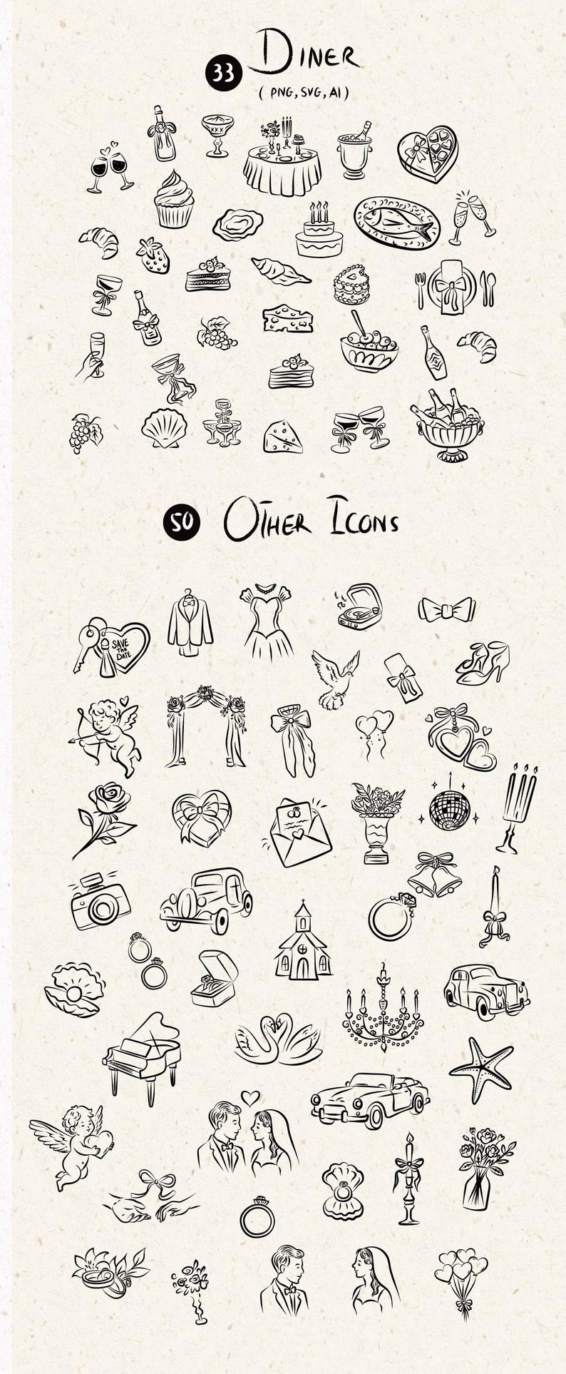 Whimsical Wedding SVG Clipart Bundle, Hand Drawn Icons, Floral Bouquets ...