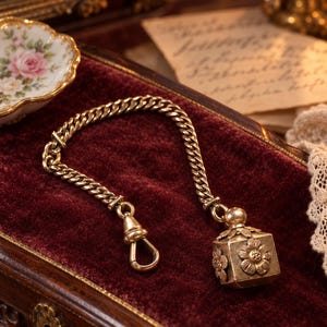 May include: A gold-toned metal chain featuring a curb link design, a swivel clasp at one end, and a cube-shaped pendant at the other. The cube pendant is decorated with embossed floral motifs on its visible sides and topped with a small sphere.