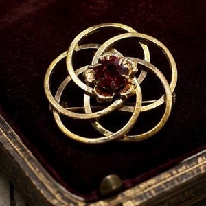 May include: A gold-toned brooch featuring a series of interlocking circular rings arranged in a floral pattern. At the center of the design sits a single, faceted, deep red gemstone held in place by small metal prongs, creating a circular focal point.